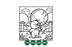 Cute Bear Blowing Bubble Black Line Art Design Product Image 1