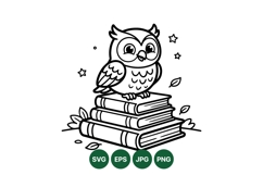 Cute Owl On Stack Of Books Black And White Line Art Product Image 1