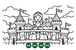 Princess And Castle Outline SVG Clipart Illustration Product Image 1