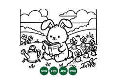 Cute Bunny Reading In Garden Svg Illustration Product Image 1