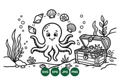 Underwater Octopus Illustration With Treasure Chest Product Image 1