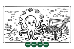 Black And White Octopus With Treasure Chest Illustration Product Image 1