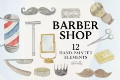 Barber Shop Watercolor 12 Elements Mens Hair Dressers Shave Product Image 1