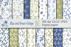 Seamless Blue and Green Hand Drawn Flowers and Leaves Digital Paper / Pastel Foliage Seamless Pattern / Scrapbooking Papers Product Image 1