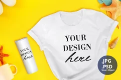 Summer T-shirt & Skinny Tumbler Mockup, Yellow Background Product Image 1
