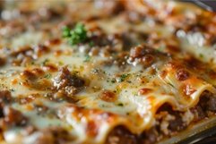 Delicious lasagna with melted cheese and meat sauce being ba Product Image 1