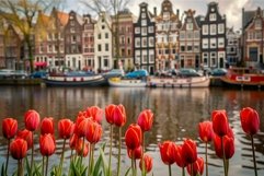 Beautiful red tulips blooming on canal in amsterdam with tra Product Image 1