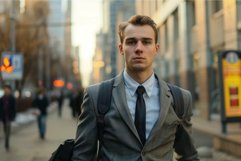 Serious businessman walking in the city during sunset Product Image 1