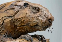 Close up of a wooden beaver sculpture resting on a log Product Image 1