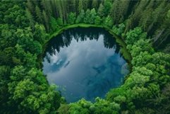 Deep blue lake reflecting cloudy sky in green forest Product Image 1
