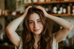 Radiant smile: young woman in a cozy kitchen Product Image 1