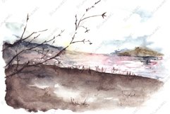 Watercolor spring autumn tree river coast landscape Product Image 1