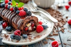 Decadent chocolate swiss roll with fresh berries Product Image 1