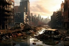 Post-apocalyptic urban landscape at sunset Product Image 1