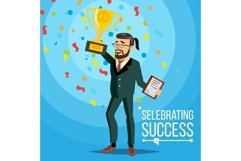 Business Victory Vector. Joyful Bearded Businessman With Product Image 1