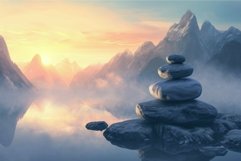 Serene mountain lake at sunrise with stone cairn Product Image 1