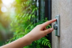 Woman using intercom doorbell with green plant background Product Image 1