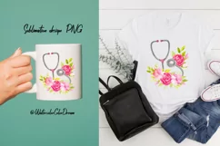 Nurse Floral Sublimation design. Watercolor stethoscope PNG Product Image 3