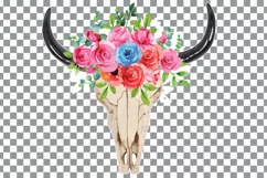Watercolor pink and blue floral Bull Skull clip art Product Image 2