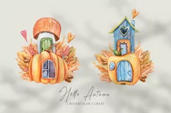Watercolor fall autumn gnome house clipart. Cute pumpkin png Product Image 2