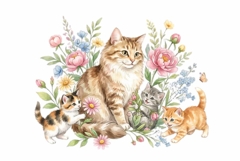 Adorable watercolor mother cat family, mama cat with kittens Product Image 1