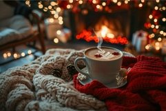 Steaming cup of christmas cappuccino near fireplace with kni Product Image 1