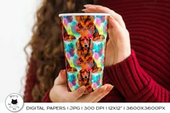 woman holding a cup with dachshund pattern