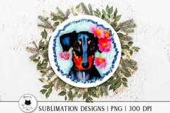 cute watercolor dachshund sublimation design shown on a round wall decor