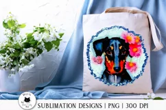 cute watercolor dachshund png design shown on a tote bag