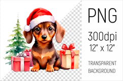 Dachshund Puppy  with Santa Hat. Perfect for sublimation, greeting cards, stickers, planners, DIY gifts, and all your holiday projects!