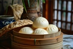 Steamed mantou buns sitting in bamboo steamer basket Product Image 1