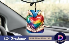 Hands holding vibrant rainbow heart air freshener png Product Image 1
