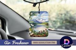 Mountain lake painting featuring flowers Air Freshener PNG Product Image 1