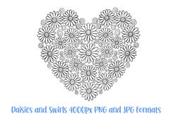 Daisy Swirls Heart Flower Graphic Outline Floral Wreath Clipart PNG