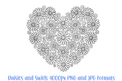 Daisy Swirls Heart Flower Graphic Outline Floral Wreath Clipart PNG