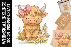 Cute Daisy Highland Cow Sublimation Clipart Product Image 1
