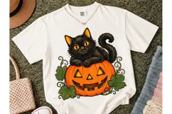 Black Cat Pumpkin Halloween PNG Tee Product Image 2