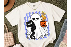 Ghost Cat Coffee Halloween PNG Tee Product Image 1