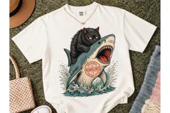 Black Cat Riding Shark PNG Vintage Tee Product Image 2
