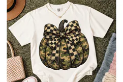 Camo Pumpkin Checkered Bow PNG Tee Product Image 2