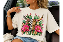 Boho Bull Skull Cactus Floral PNG Tee Product Image 3