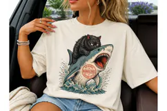 Black Cat Riding Shark PNG Vintage Tee Product Image 3