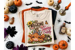 Walking By Faith Highland Cow PNG Tee Product Image 2