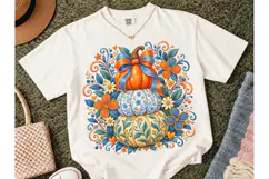 Boho Pumpkin Stack Floral Fall PNG Tee Product Image 2