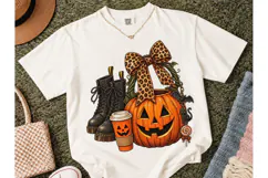 Halloween Pumpkin Leopard Bow PNG Tee Product Image 2