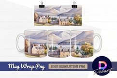 Watercolor houses lake and mountains landscape Mug Wrap PNG Product Image 1