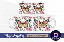Watercolor butterflies and roses floral Mug Wrap PNG Product Image 1