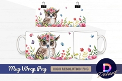 Watercolor owl with flowers Mug Wrap PNG Product Image 1