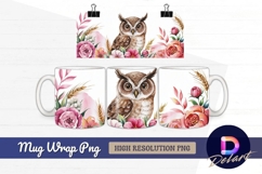 Watercolor owl and flowers Mug Wrap PNG Product Image 1
