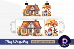 Watercolor autumn gnome house with pumpkins Mug Wrap PNG Product Image 1